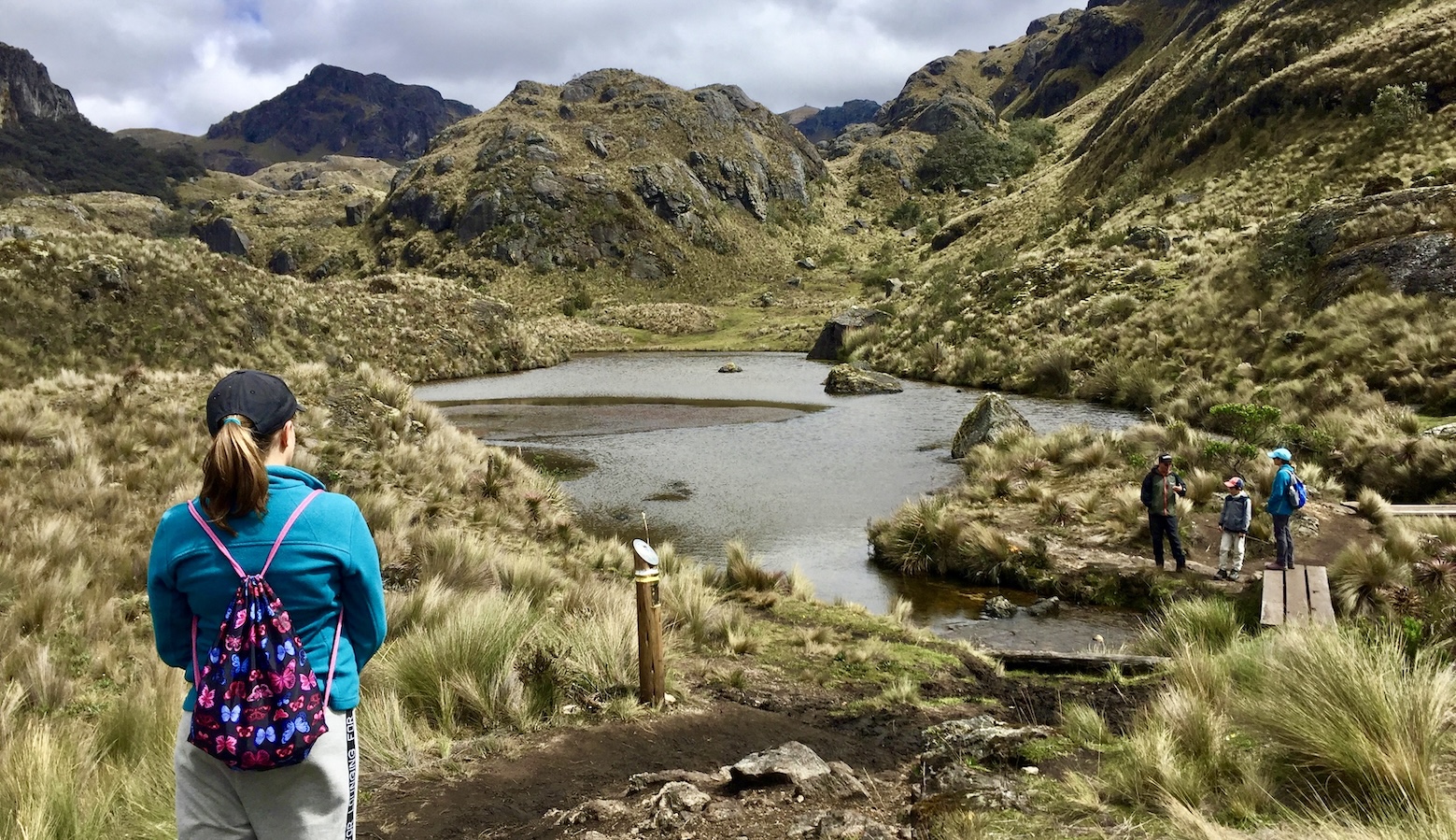 Papallacta highland lake in Andes mountains with grasses in the foreground and clouds rolling in.