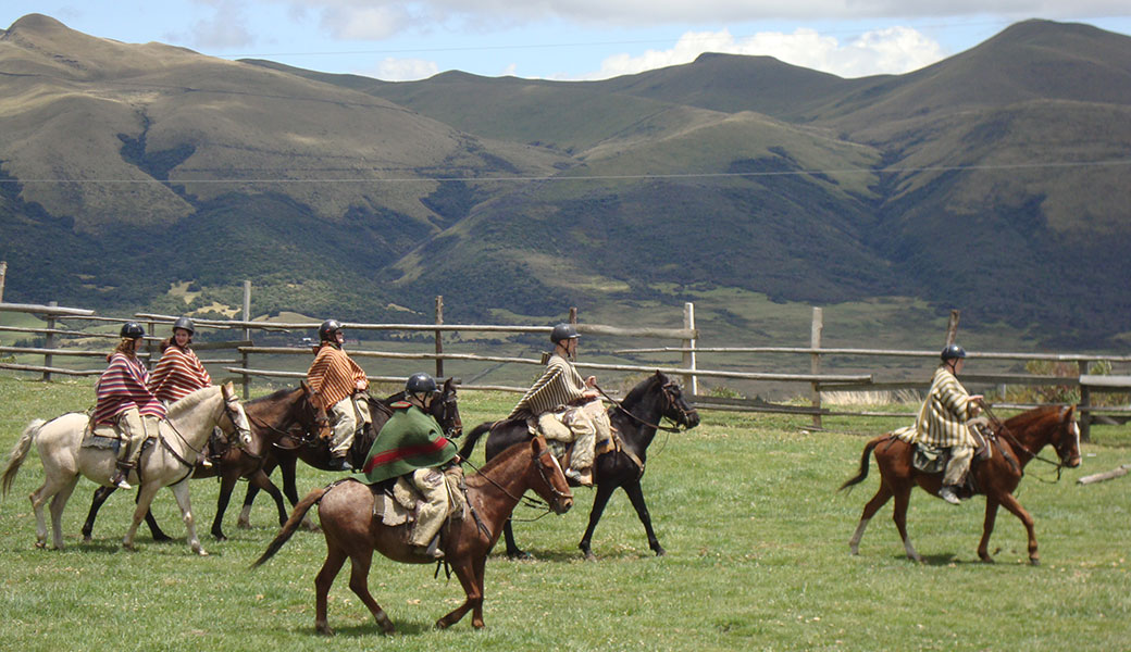 Group of riders on horseback with chaps and ponchos crossing a fenced field with the Ecuadorian Andes behind