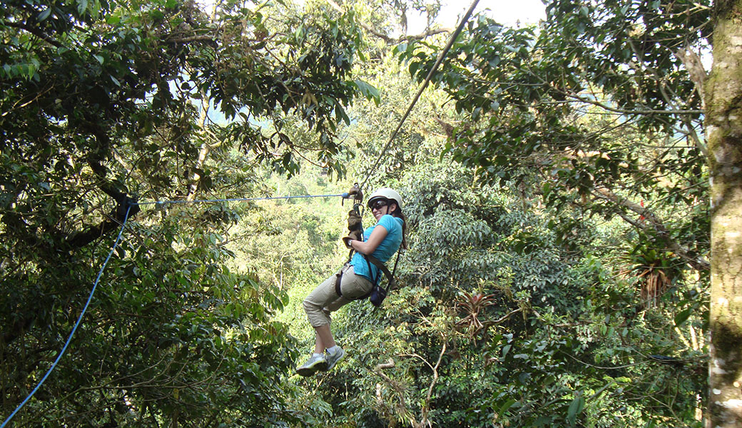 Lady in blue t-shirt, with harness and helmet, sliding down canopy zip line through Ecuador's cloud forest in Mindo