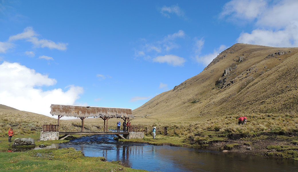 Thatched roof bridge over a lake outlet with a few hikers crossing on Ecuador's Inca Trail 