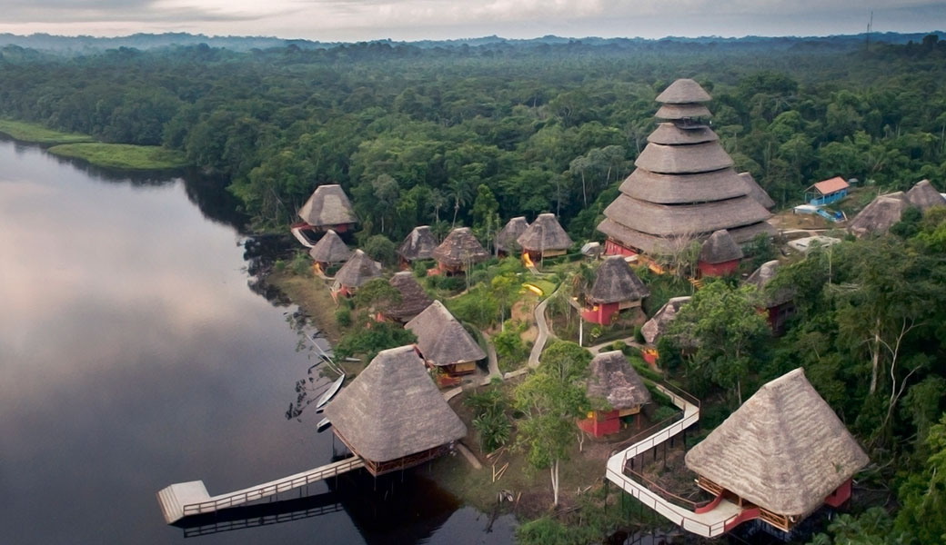 Napo Wildlife Center Cabins on the edge of the lagoon in the Ecuador Amazon Rainforest 